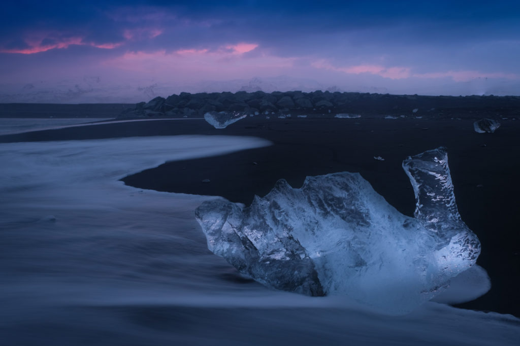 iceberg beach ocean sunset Iceland winter photo workshop