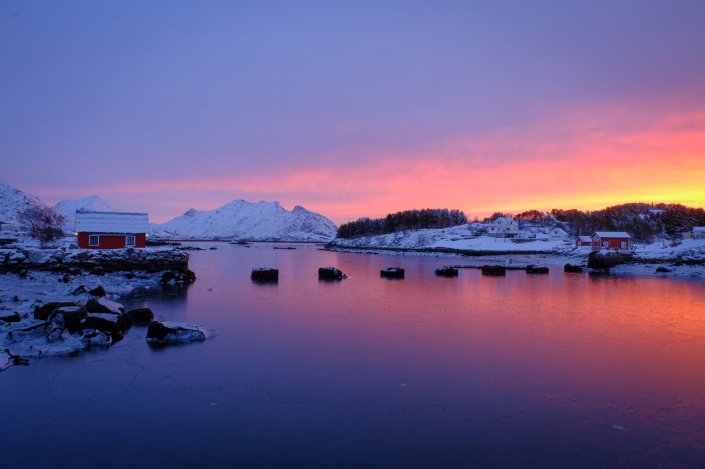 Sunrise over the water in Ballstad Norway
