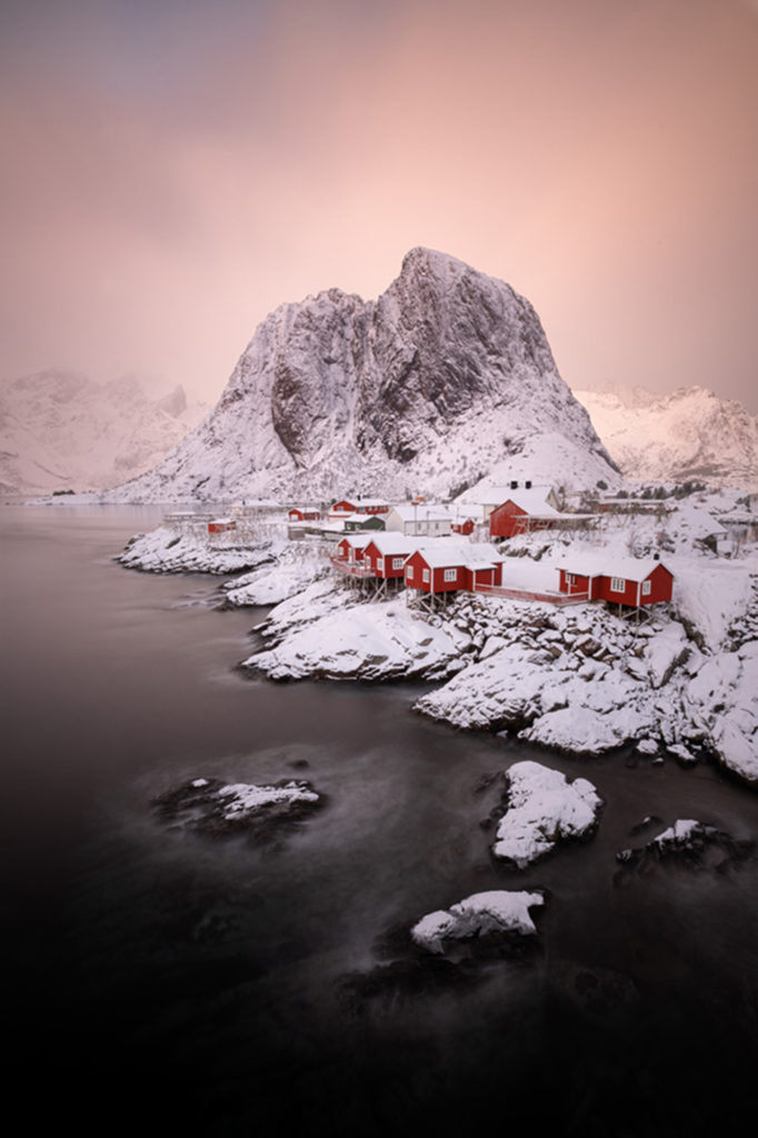 norway, hemnoy, snow, ice, red houses, mountains, clouds