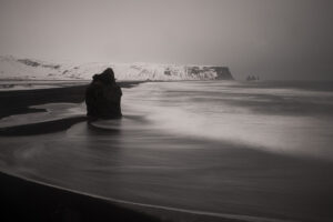 black and white image of black sand beach near Vik Iceland