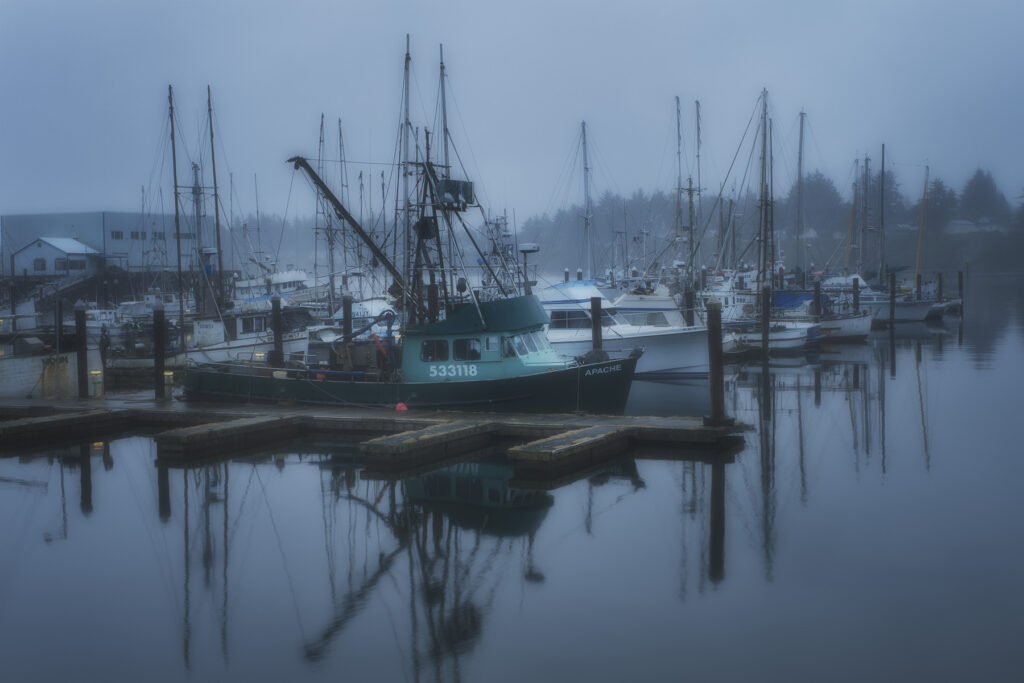 fishing boats in a harbor with fog