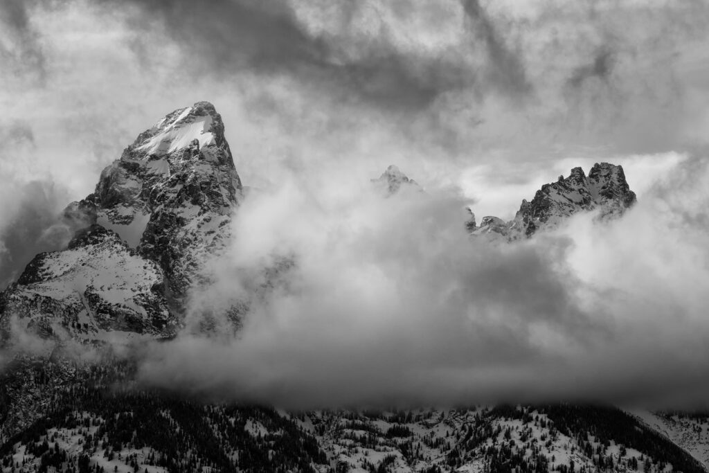cloudy tetons in winter. Mountains and fog. Storm