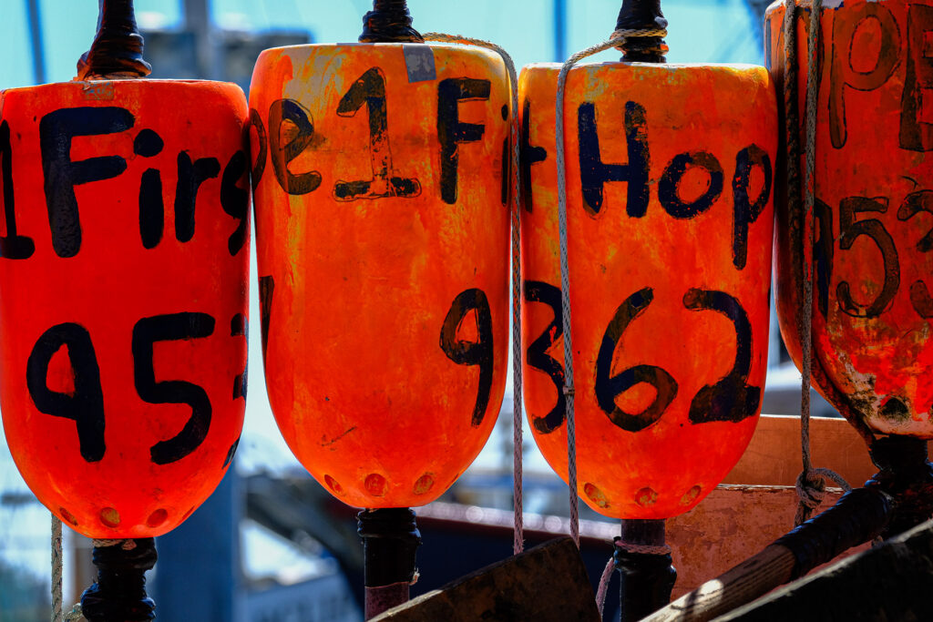 Orange fishing floats on a boat