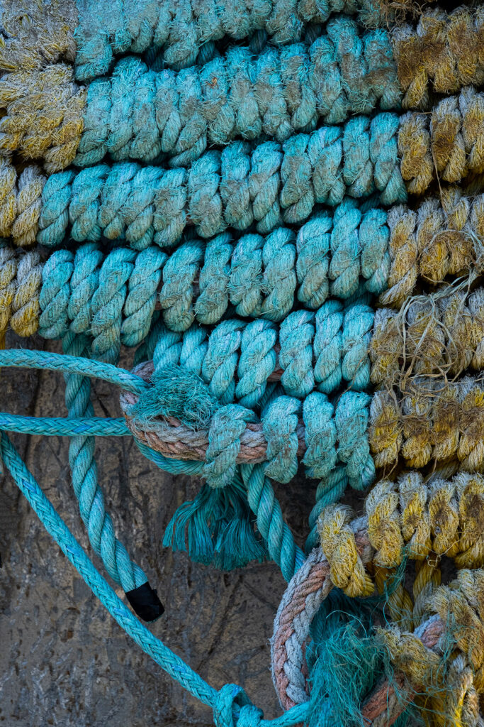 Rope tied in knots on a fishing boat