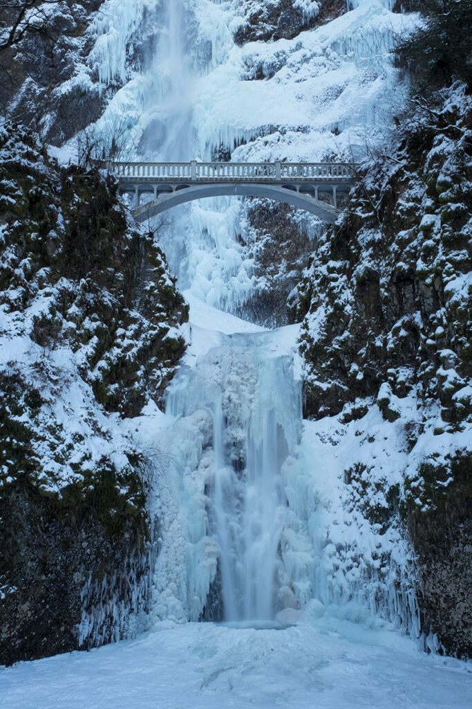 Multnomah falls frozen in winter in the Columbia River Gorge