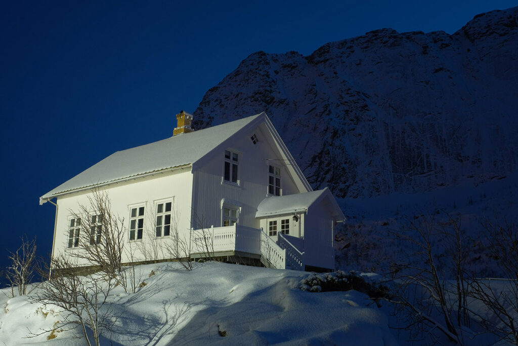 night time shot of a house in norway