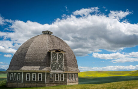 A round bard with yellow canola field in the background