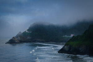Heceta Head lighthouse shrouded in fog along the Oregon Coast
