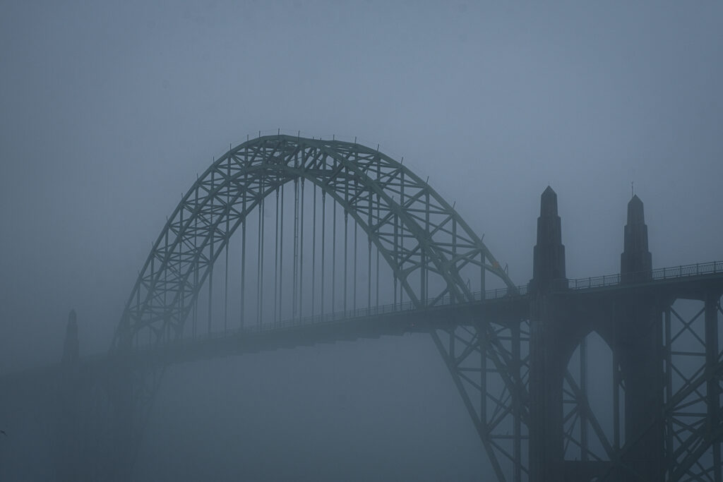 Fog shrouds the Yaquina Bay Bridge in Newport Oregon