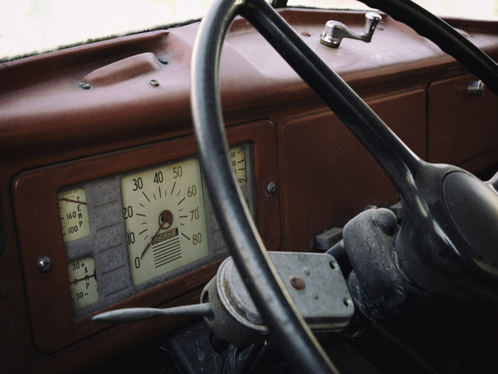 An old truck speedometer and steering wheel in eastern Washington