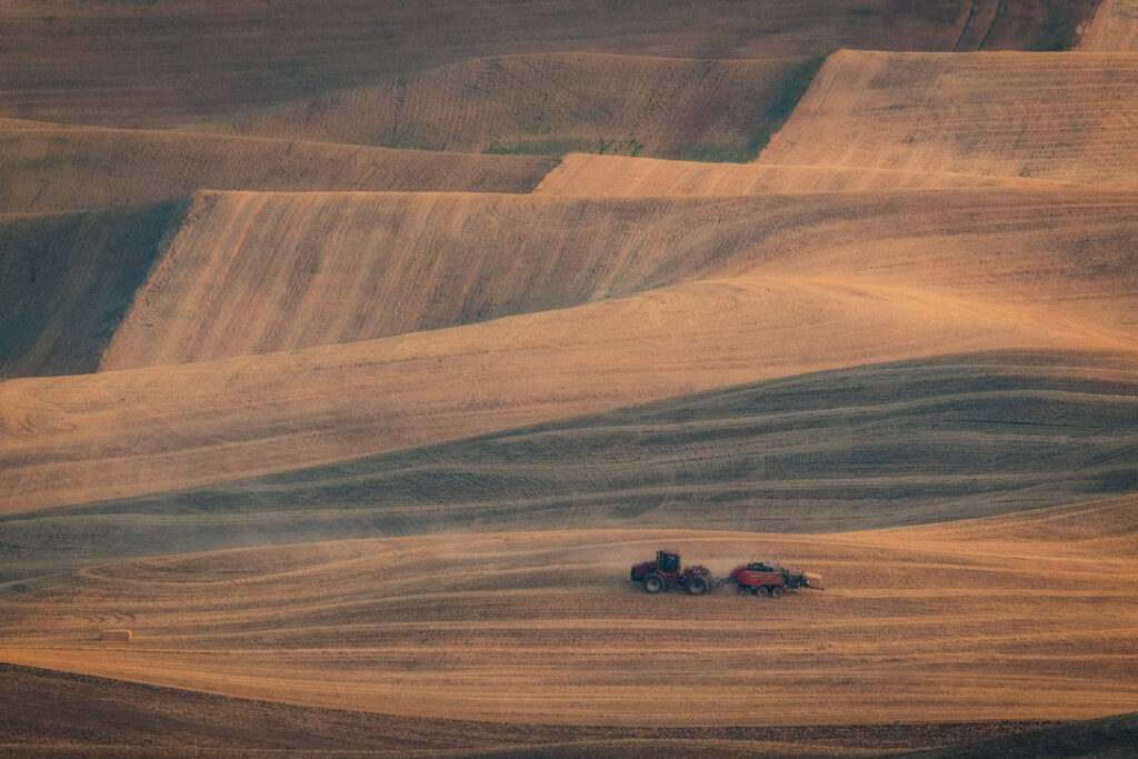 A tractor finishing up the day bailing loose hay in the Palouse
