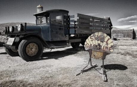 an old truck and sign at Bodie in the eastern sierras