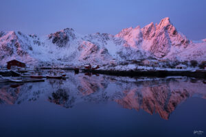 Norwegian fishing harbor at sunrise during winter