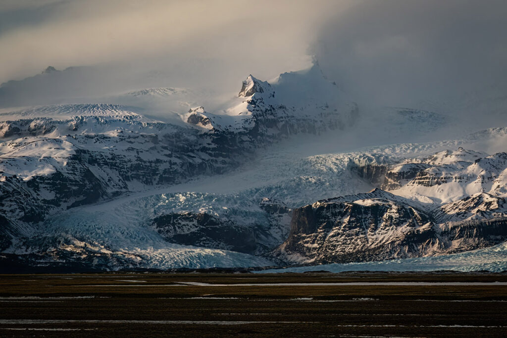 Glaciers coming down from the mountains in Iceland