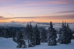 Clouds during sunrise at Mt Hood, looking south to Mt Jefferson in Oregon during winter