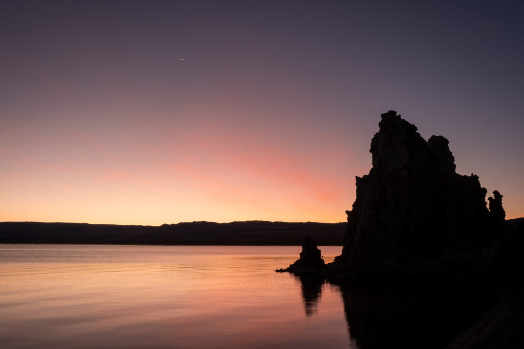 A crescent moon over Mono Lake in California