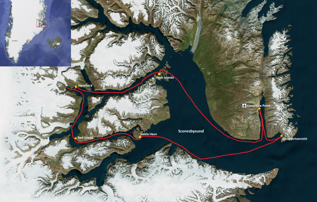 A map of Eastern Greenland with sailing route