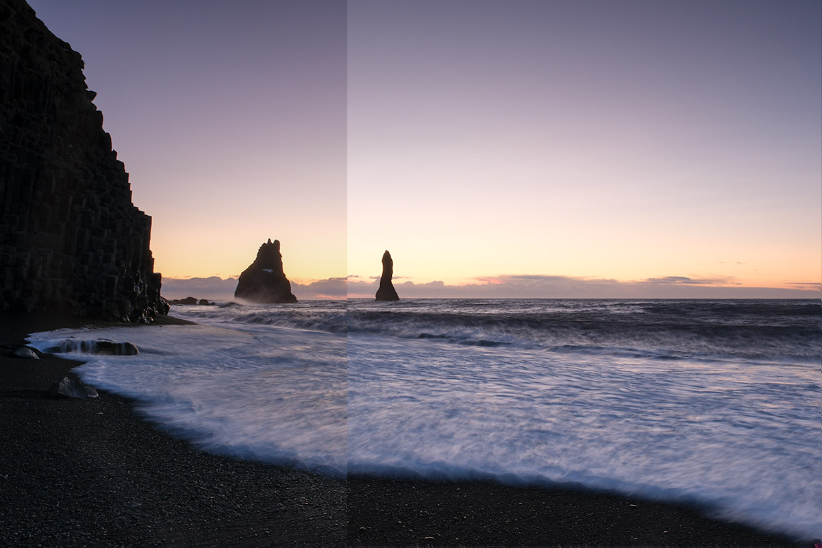 Before and after edits of an image from Iceland